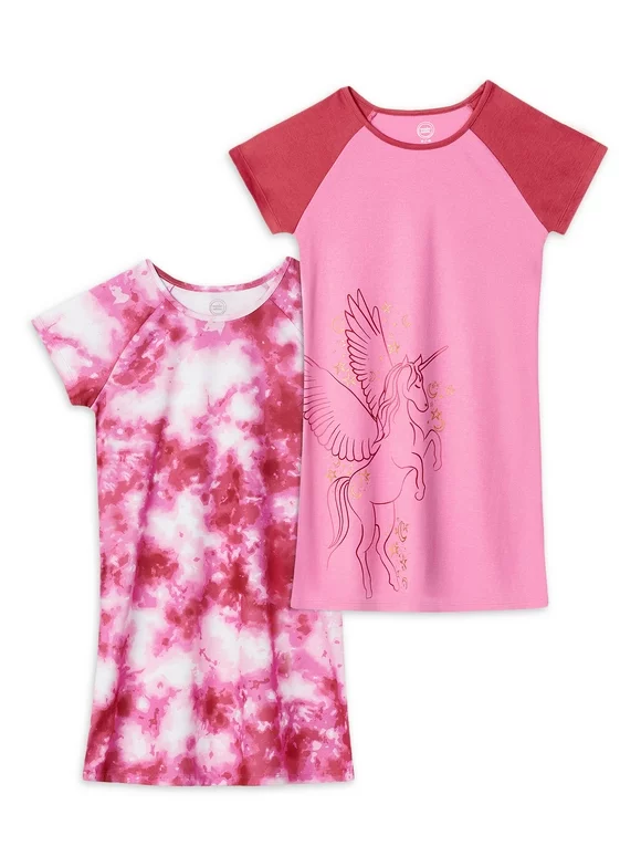 Wonder Nation Girls Short Sleeve Pajama Nightgown, 2-pack, Size 4-18 and Plus