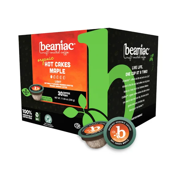 beaniac Hot Cakes Maple, Flavored Light Roast, Single Serve Coffee K Cup Pods, Rainforest Alliance Certified Organic Coffee, 30 Compostable Plant-Based Coffee Pods, Keurig Brewer Compatible