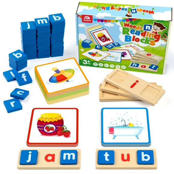 Coogam Wooden Spelling Games Short Vowel Reading Letters Sorting , Sight Words Learning Flashcards Alphabet Puzzle Montessori Educational Toy for Kids 3 4 5 Years Old