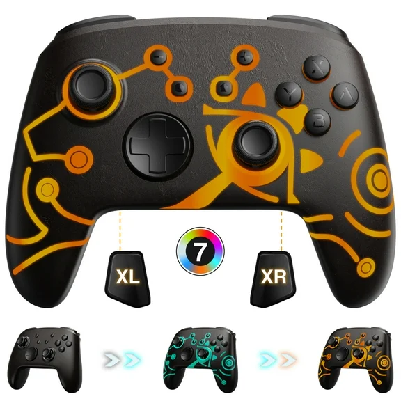 FUNLAB Firefly™ [Luminous Pattern] Switch Pro Controller Wireless for Nintendo Switch/OLED/Lite,Bluetooth Remote Gamepad with 7 LED Colors/NFC/Paddle/Turbo/Motion Control for Zelda Fans-Temple