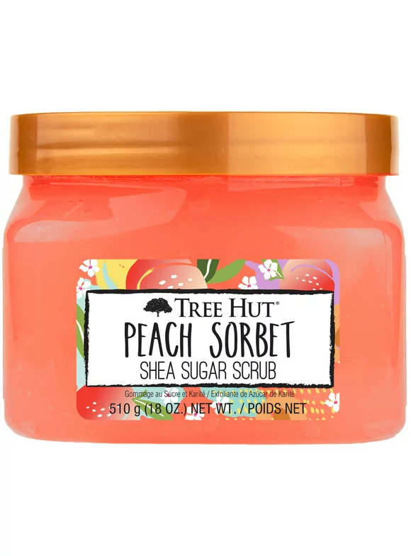 Tree Hut Body Scrub, Shea Sugar Hydrating Exfoliator for Softer, Smoother Skin, Peach Sorbet, 18 oz