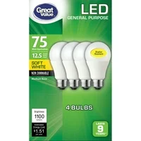 Great Value LED Light Bulb, 12.5W (75W Equivalent) A19 General Purpose Lamp E26 Medium Base, Non-dimmable, Soft White, 4-Pack
