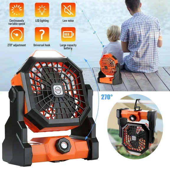 Camping Fan with LED Lantern,8-Inch Rechargeable Outdoor Tent Fan, 270°Head Rotation,Stepless Speed & Quiet Battery Operated USB Fan for Picnic,Barbecue,Fishing,Travel