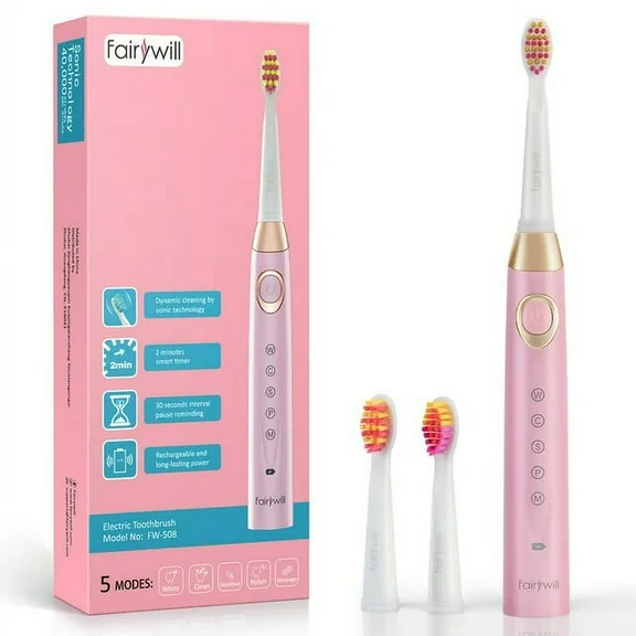 Fairywill Sonic Electric Toothbrush Rechargeable, 5 Modes with Smart Timer, 30 Days Battery Life for Adults Cleaning, Pink