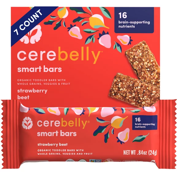 Cerebelly Organic Strawberry Beet Smart Snack Bar, Toddler Food (7 Count)