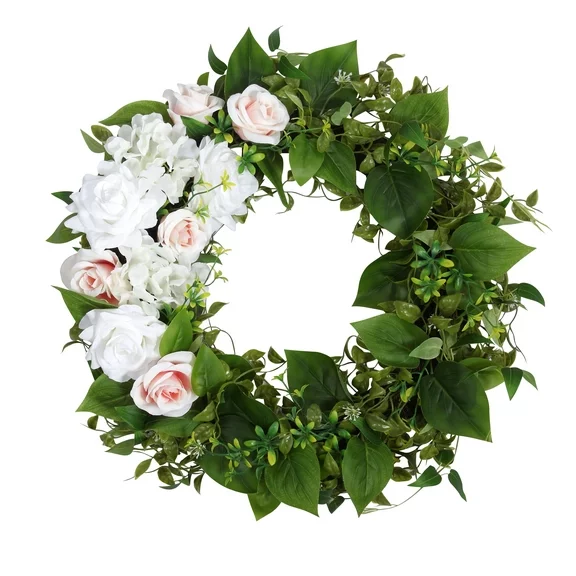Haute Decor 24 Inch Rose Hydrangea Wreath with Real Grapevine Base for Spring and Summer Front Door