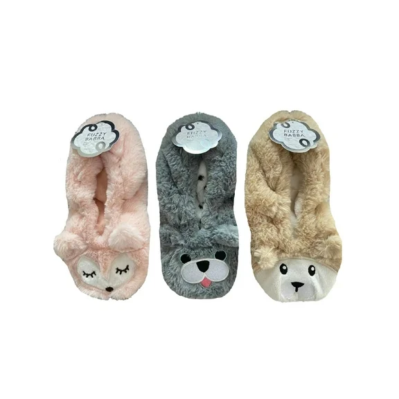 Fuzzy Babba, Women's Critter Lightweight Faux Fur Slipper Socks, 3-Pack, Size 7-9.5