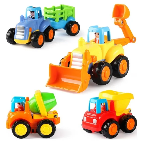 Coogam Friction Powered Cars Construction Vehicles Toy Set Push and Go Car Tractor for 1 Year Old Boy(4 Pack)