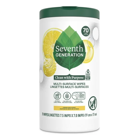 Seventh Generation Multi Surface Household Cleaning Cloths and Wipes, Lemon Zest, 70 Ct Wipes