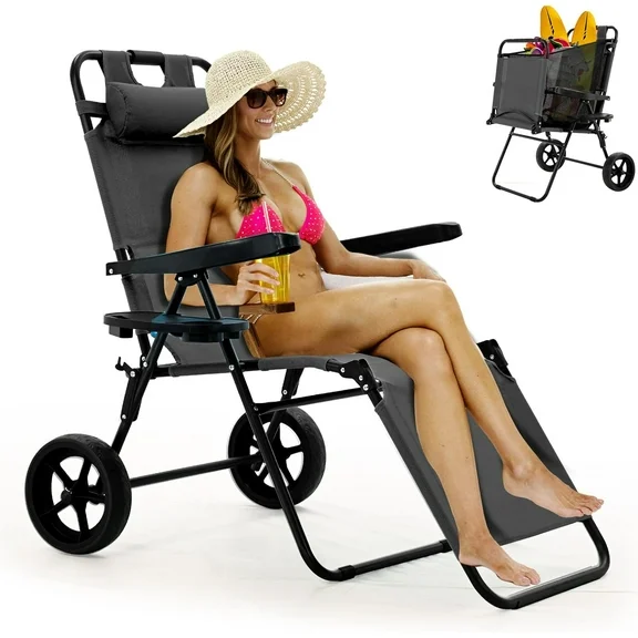 Slsy Folding Beach Cart Chairs with 8'' Wheels, 2 in 1 Heavy Duty Beach Chair, Foldable Beach Lounge Chair with Integrated Wagon Pull Cart Combination for Backyard, Pool, Picnic