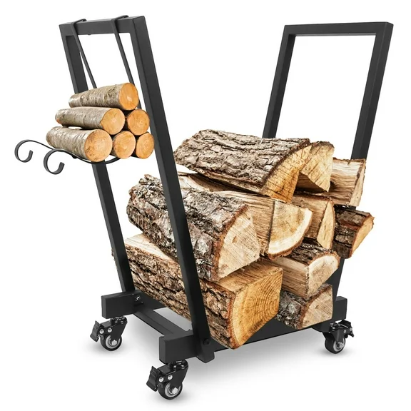 Movable Fire Wood Holder, iMounTEK Firewood Rack on Wheels Indoor Outdoor Rolling Cart Log Rack Holder with 2 Removable Kindling Rack, Black