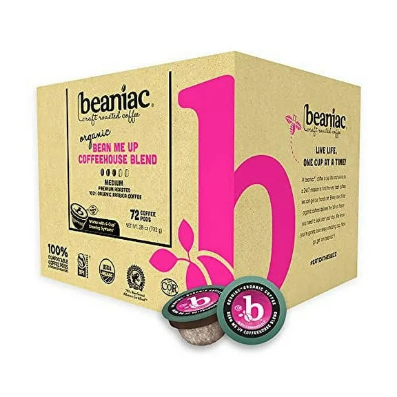 beaniac Organic Bean Me Up Coffeehouse Blend, Medium Roast, Single Serve Coffee K Cup Pods, Rainforest Alliance Certified Organic Arabica Coffee, 72 Compostable Coffee Pods, Keurig Brewer Compatible