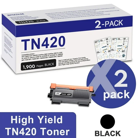 2 Pack Black TN-420 TN420 Toner Cartridge Replacement for Brother TN 420 DCP-7060D DCP-7065DN HL-2220 MFC-7365DN Printer
