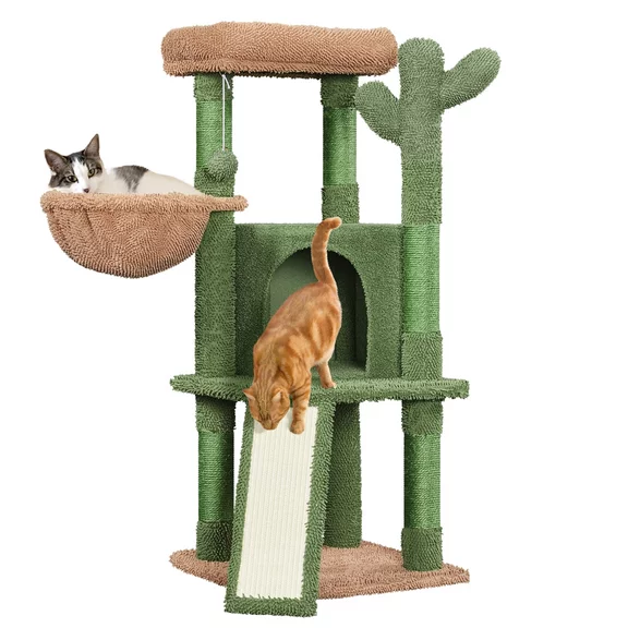 Topeakmart 42″H Cactus Cat Tree with Natural Sisal Platform Condo Basket Scratching Posts, Green & Brown