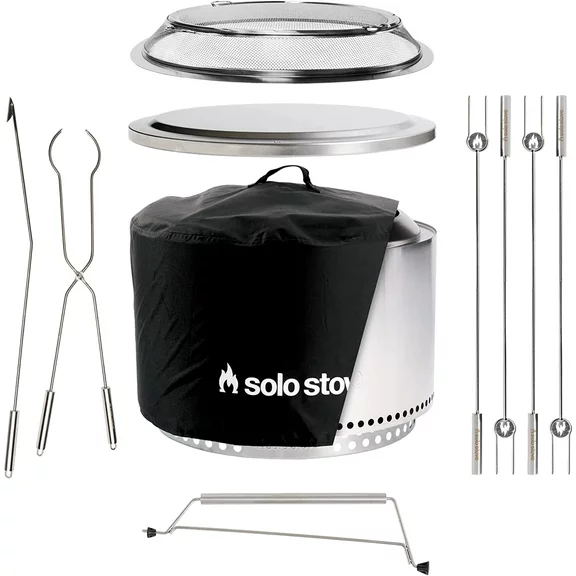 Solo Stove Yukon Ultimate Bundle 2.0 | Incl. Smokeless Fire Pit, Stand, Shelter, Shield, Lid, Handle, Sticks&Tools, Portable Camping Accessories, Wood burning, Stainless Steel, H: 19.8in x Dia: 27in