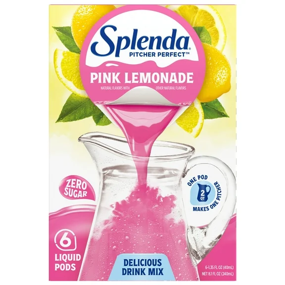 Splenda Pitcher Perfect Zero Sugar Drink Mix, Pink Lemonade, 6 Liquid Pods, Makes 12 Quarts