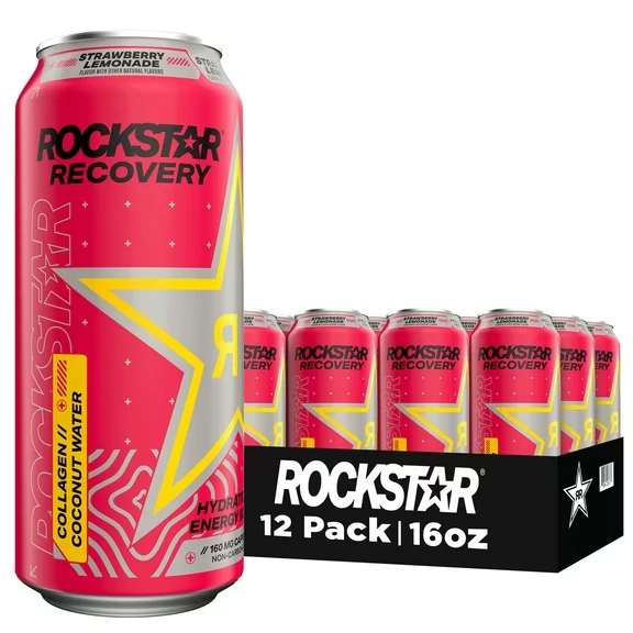 Rockstar Energy Drink, Recovery Strawberry Lemonade, 16 oz, 12 pack