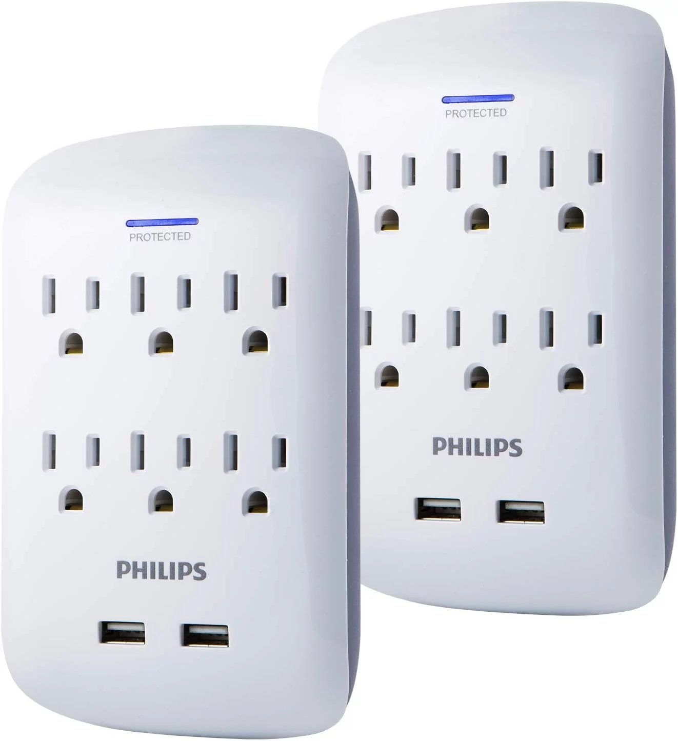 Philips Surge Protector with USB Charging, 2 Pack, 6 Outlet, 2 USB Charging Ports, Wall Adapter, White