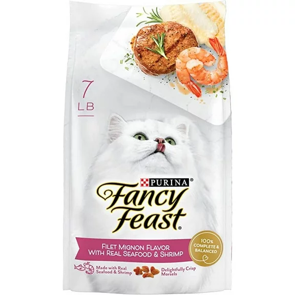 Purina Fancy Feast Dry Cat Food, Filet Mignon Flavor With Real Seafood & Shrimp - 7 lb. Bag-(Packaging May Vary)