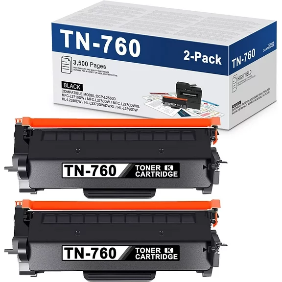 TN-760 TN760  High Yield Toner Cartridge 2 Pack Black Replacement for Brother HL-L2390DW HL-L2395DW MFC-L2710DW HL-L2350DW Printer Cartridge