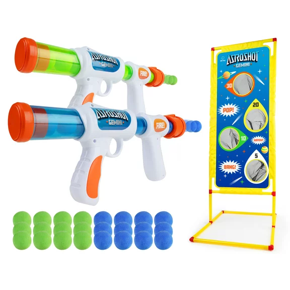 Astroshot Gemini - 2 Ball Popper Blasters Toy with 24 Soft Foam Balls and Standing Target(Unisex)