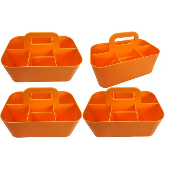 Enjoy Organizer - Small Stackable Plastic Caddy with Handle 6 Compartment | Desk, Makeup, Dorm Caddy, Classroom Art Organizers - 4 Pack, Made In USA - Orange