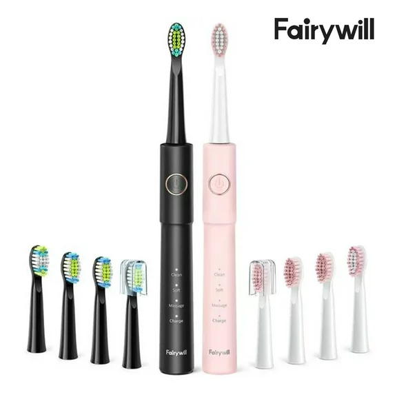 Fairywill Dual Ultrasonic Electric Toothbrushes with 5 Modes, Ultra Powerful Rechargeable Sonic Toothbrushes with 40000 VPM, 10 Brush Heads, Smart Timer, 2H Fast Charge for 30 Days, Black & Pink