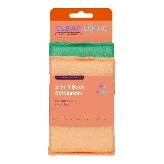 Cleanlogic 2-in-1 Body Exfoliator, 2 Pack, Sensitive Skin Body Scrubber, Dual-Sided, Assorted Colors