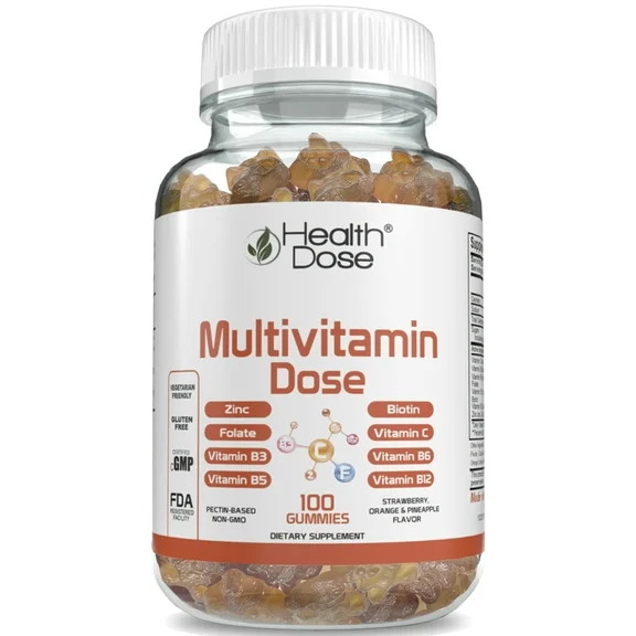 Health Dose Multivitamin Dose Adults Strawberry, Orange and Pineapple Flavor 100 Gummies Gluten Free, Vegetarian Friendly