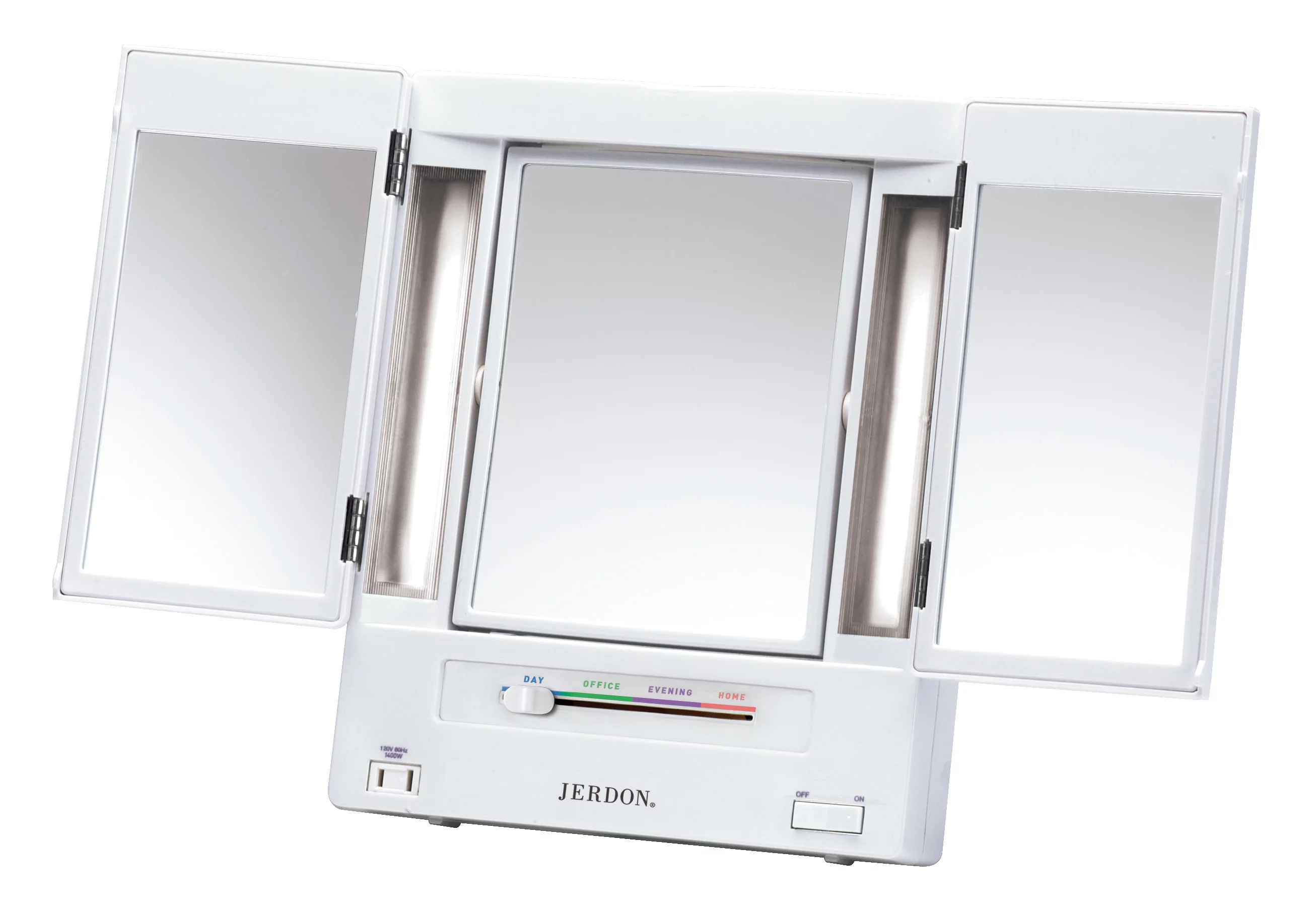 ($50 Value) Jerdon Style Makeup Mirror in White 5x Magnification with Tabletop Tri-Fold 2-Sided Light, 12.75" x 3.75" x 10.75"