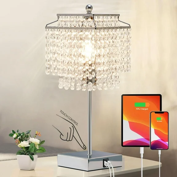 Natyswan Crystal Table Lamp with USB A C Charging Port, Crystal Shade for Girls Bedroom, Living Room, 3-Way Dimmable Modern Lamp, 6W LED Bulb Included