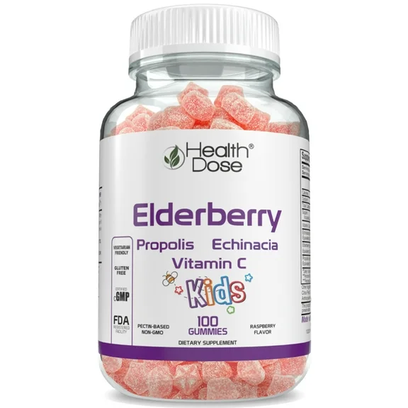 Elderberry Sambucus Gummy Vitamins Kids by Health Dose 100 Gummies. With Propolis Extract, Echinacea, Vitamin C, Yummy Raspberry flavor, Vegan - Gluten-Free, Defense, Immune Support Booster.