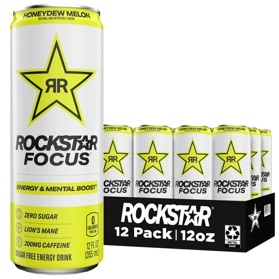 Rockstar Focus Zero Sugar Energy Drink, Honeydew Melon Flavor, Lion’s Mane, Energy & Mental Boost, 12 oz 12 Pack Cans