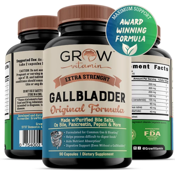 Grow Vitamin Gallbladder Formula Extra Strength - Made w/Purified Bile Salts & Ox Bile Digestive Enzymes - Includes Carefully Selected Digestive Herbs - Full 45 Day Supply - 90 Capsules