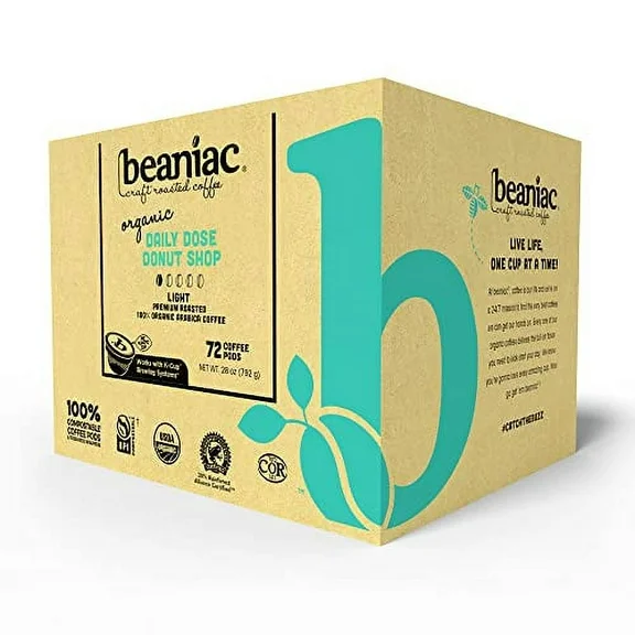 beaniac Organic Daily Dose Donut Shop, Light Roast, Single Serve Coffee K Cup Pods, Rainforest Alliance Certified Organic Arabica Coffee, 72 Compostable Coffee Pods, Keurig Brewer Compatible