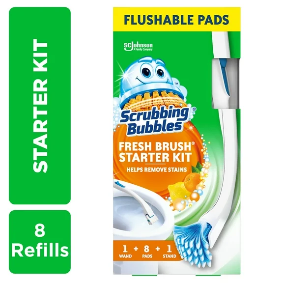 Scrubbing Bubbles Fresh Brush Starter Kit, Citrus - Toilet Bowl Cleaning System with Flushable Pads (19 Inch Handle, 8 Pads and 1 Stand)