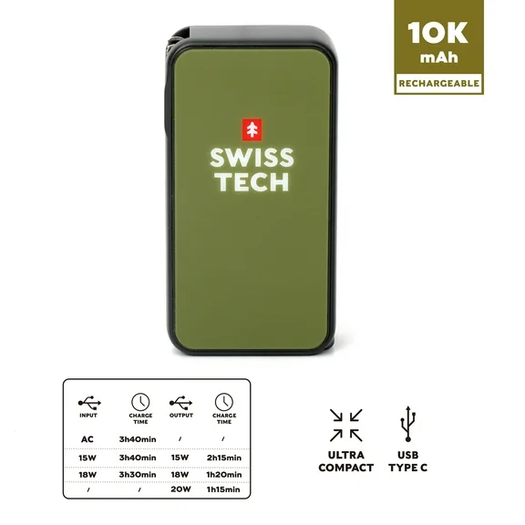 Swiss Tech 10000 mAh Portable Power Bank with 20W Fast Charge and Built-in Lanyard Charging Cord