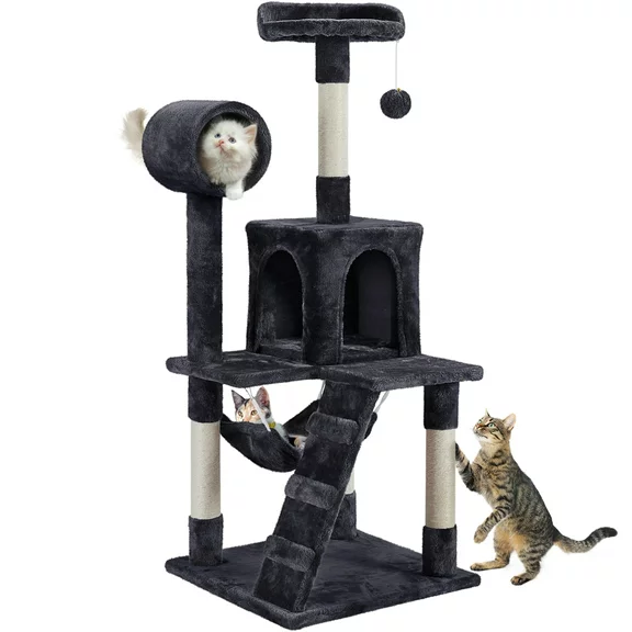 Topeakmart 51'' Multilevel Cat Tree Condo with Hammock and Scratching Post, Black