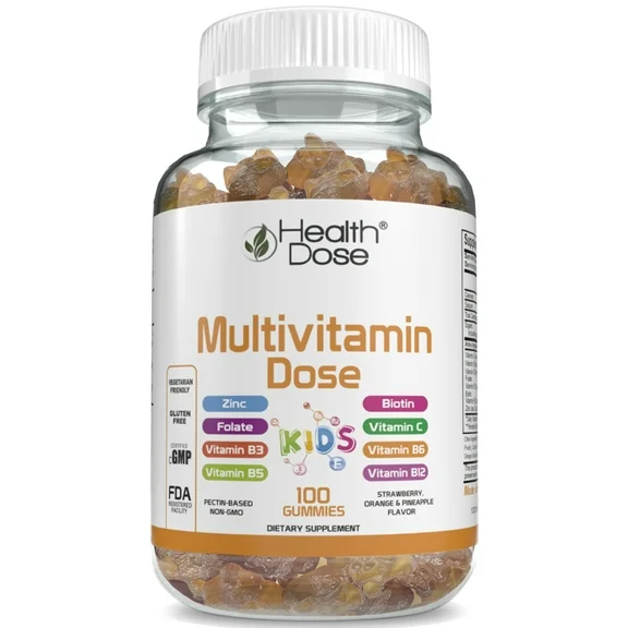Health Dose Multivitamin Dose Children 100 Gummies, Strawberry Orange & Pineapple Flavor Gluten Free Vegetarian Friendly