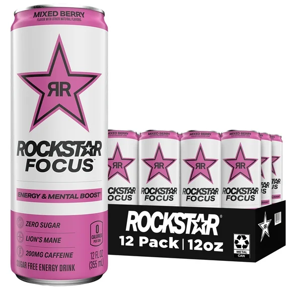 Rockstar Focus Zero Sugar Energy Drink, Mixed Berry Flavor, Lion’s Mane, Energy & Mental Boost, 12 oz 12 Pack Cans
