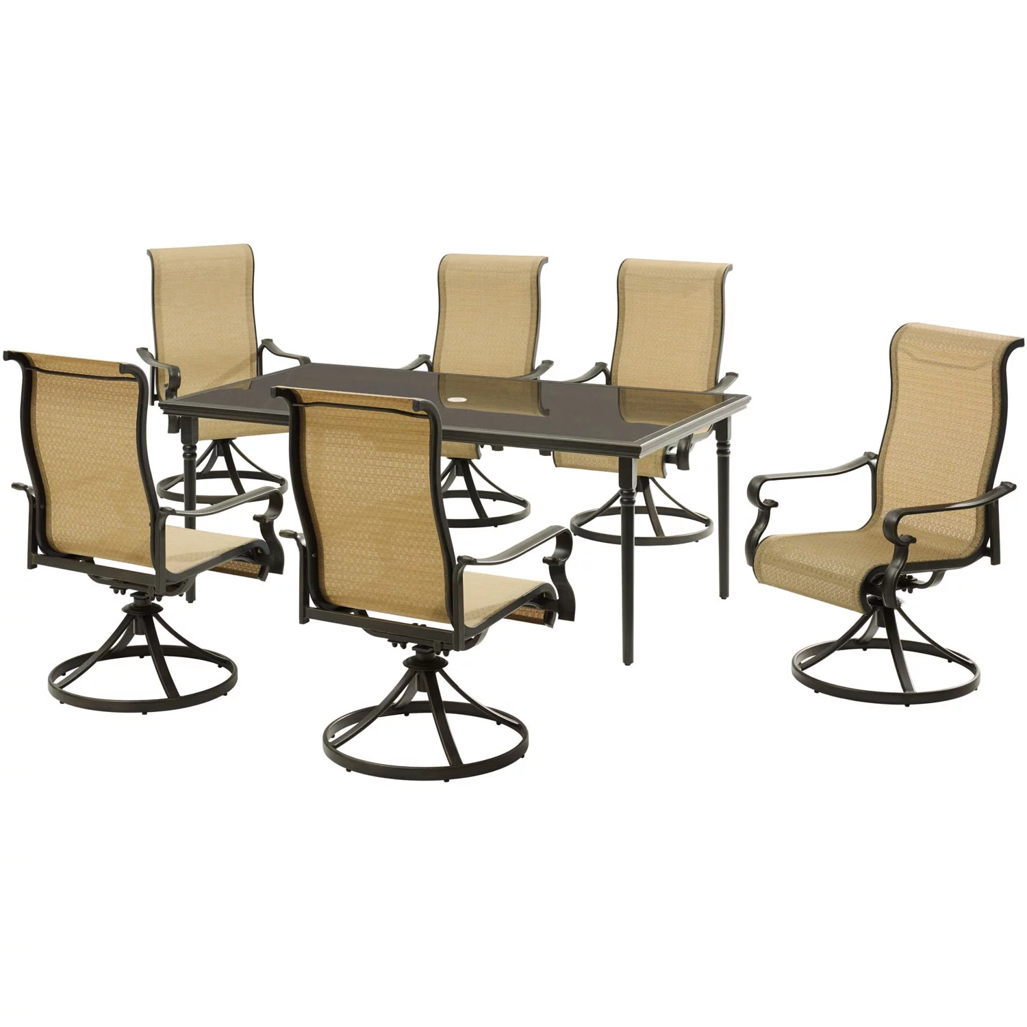 Hanover Brigantine 7-Piece Dining Set with a 40" x 70" Glass-Top Dining Table and 6 Sling Swivel Rockers