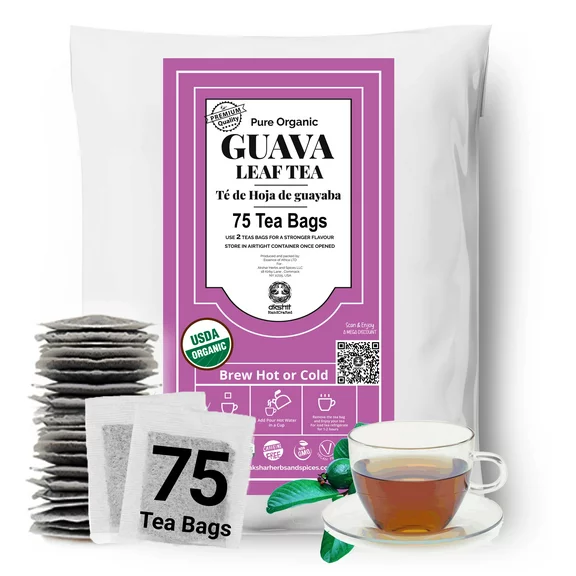 Akshit 75 Organic Guava Tea Bags, Pure Guava Tea, Te De Hojas De Guayaba , Herbal Tea, Caffeine-Free, 5oz