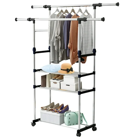 Rolling Garment Hanging Rack, iMounTEK Clothing Hanging Organizer with Three Shelves, Black