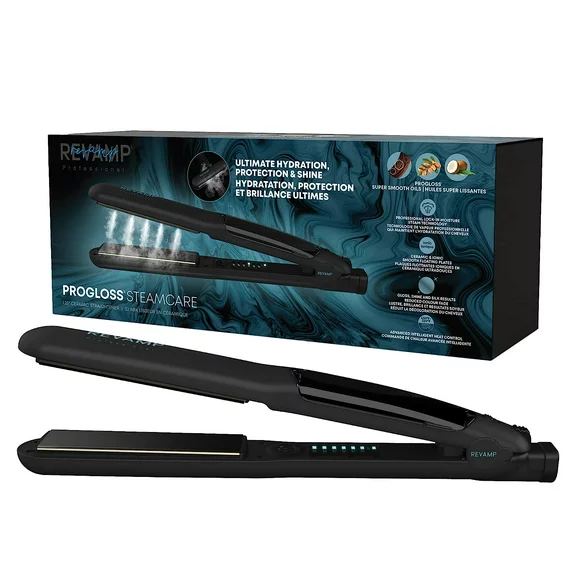 Revamp Progloss MoistureCare 1.25-Inch Flat Iron Hair Straightener – Steam Hair Straightener with Keratin, Argan & Coconut Oil Infused Ceramic & Ionic Floating Plates, Easy to Use with Auto-Off