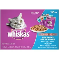 (12 Pack) WHISKAS CHOICE CUTS Seafood Selections Variety Pack Wet Cat Food, 3 oz. Pouches