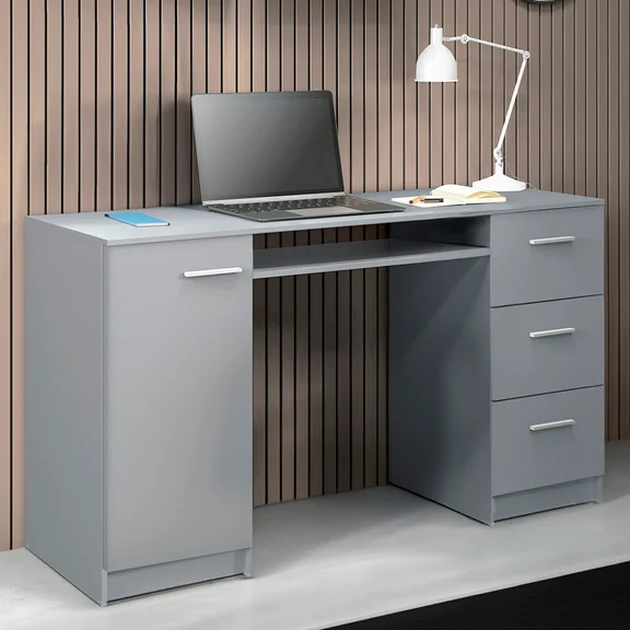 Madesa Wood Writing Home Office Workstation - 3 Drawers, 1 Door, and 1 Storage Shelf, Dimensions: 30” H x 18” D x 53” W - Gray