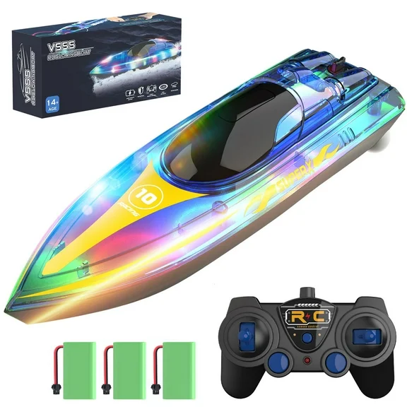 JoyStone Summer Radio Control Boat for Pools and Lakes Waterproof Electric Ship 20  KM/H with LED Lights 3 Batteries for Kids, Blue