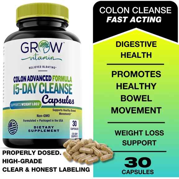 Grow Vitamin Fast Acting Colon Cleanse Formula, Supports Healthy Bowel Movements & Weight Loss, Natural Laxatives for Constipation Relief & Bloating Support, Detox Pills to Detoxify
