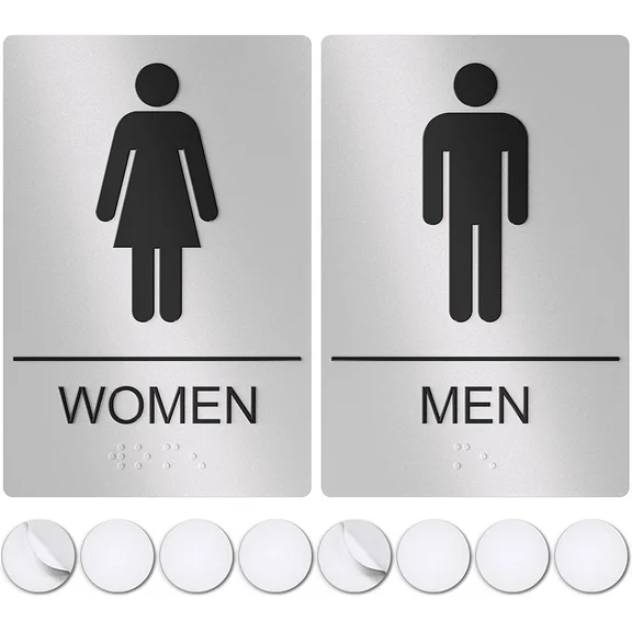 Assured Signs Restroom Sign for Wall | Bathroom Signs | 9 by 6" | Silver Acrylic | ADA Compliant with Braille | Includes Adhesives | Ideal for Office or Home