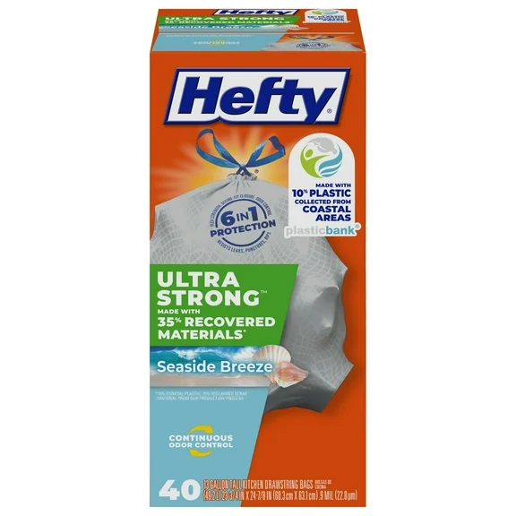 Hefty Ultra Strong 13 Gallon Trash Bags, Tall Kitchen Trash Bags Made with Recovered Materials, Including Coastal Plastic, Gray, Seaside Breeze Scent, 40 Bags